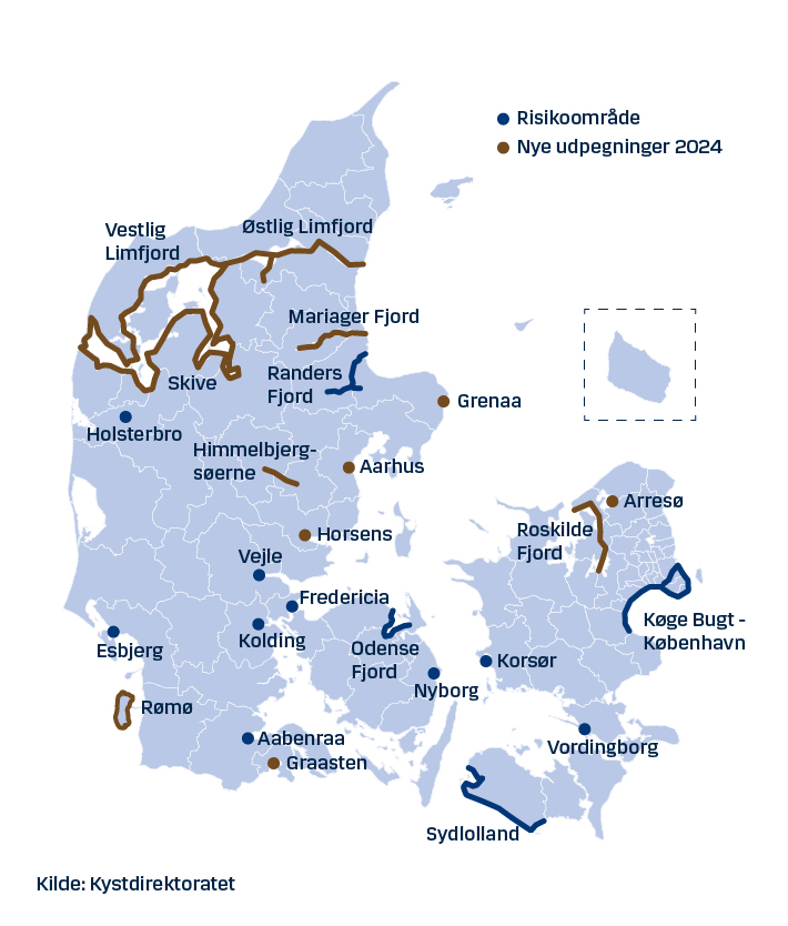 Danmarks kort - Flere nye risikoområder for oversvømmelse er blevet udpeget